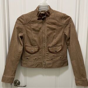 LAUREN Ralph Lauren Leather trim cropped tan denim moto jacket size 8P